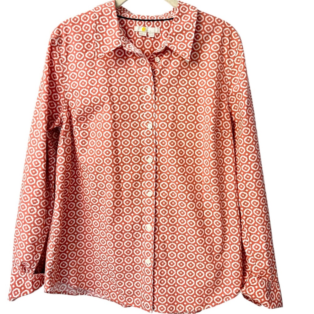 Boden 100% Cotton Button Front Shirt Size 10 Terra Cotta Pink Geometric Floral